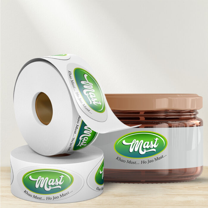 Oval roll labels featuring vibrant colors and unique designs. Perfect for branding and packaging needs.