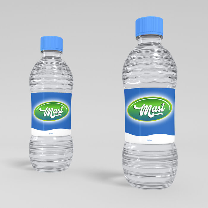 Pair of clear water bottles with blue caps